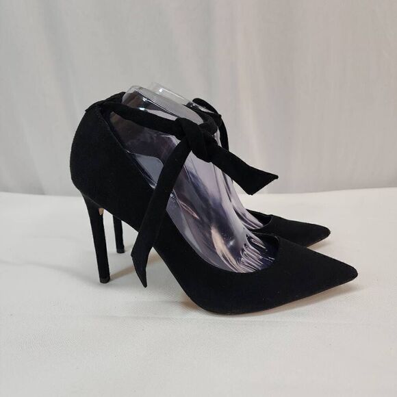 Express Size 10 Black Ankle Tie Pump Coquette Heels Women's Pointed Toe B - Picture 4 of 10